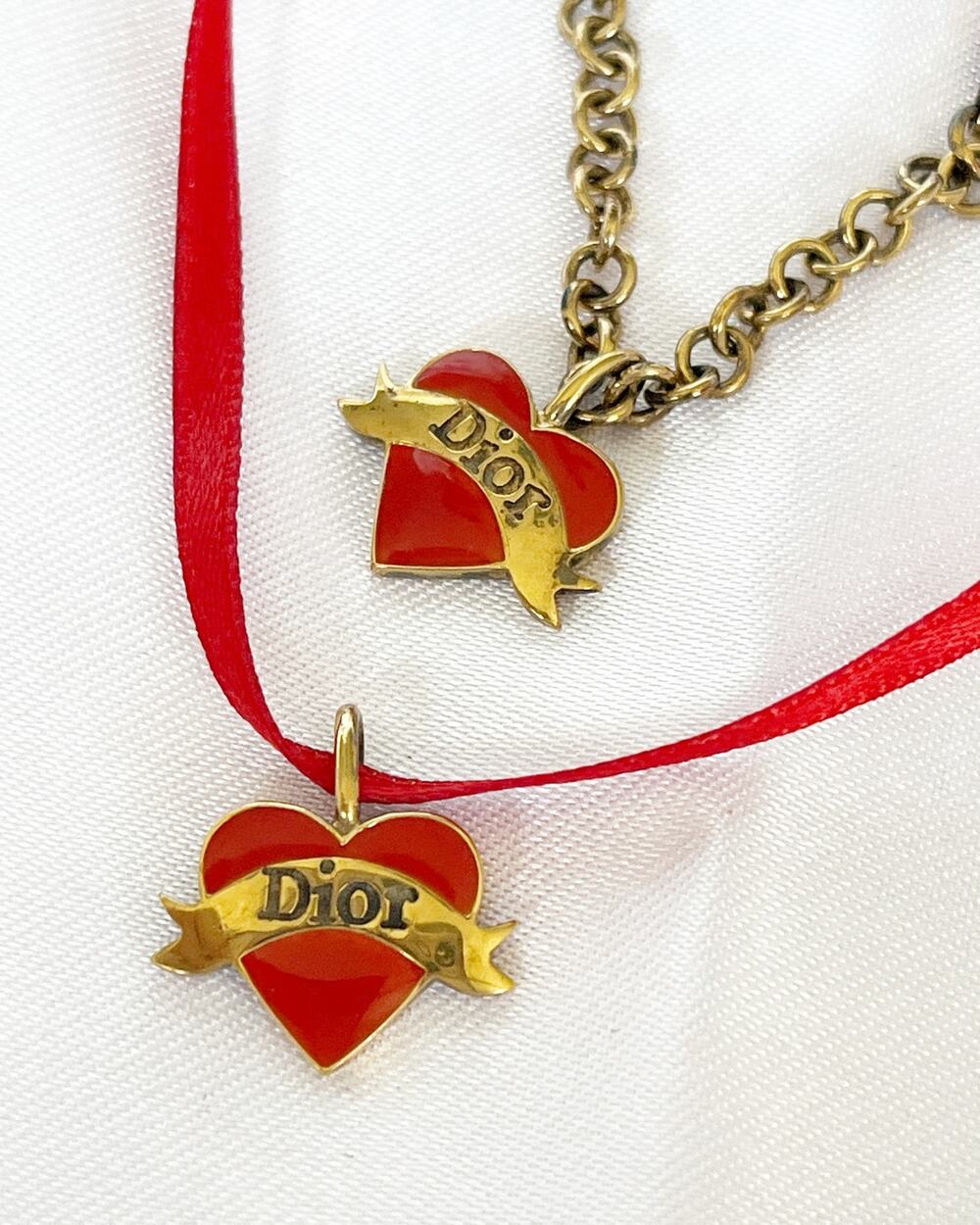 DIOR Heart Necklace Bracelet Set Red Orange Enamel Choker Ribbon Vintage